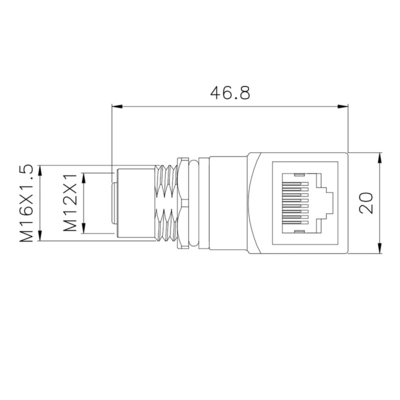 Ip67 codificación industrial impermeable de Ethernet M12 D al conector macho del codo del adaptador RJ45