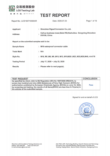 CHINA Shenzhen Rigoal Connector Co.,Ltd. certificaciones